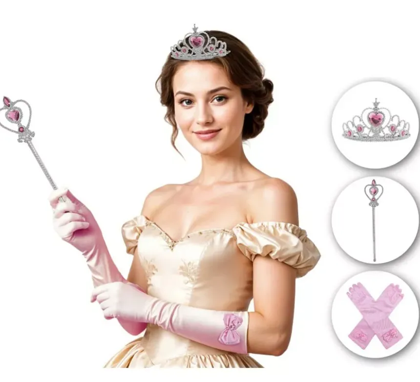 Kit Principessa Rosa Adulta: Guanti, Corona e Scettro