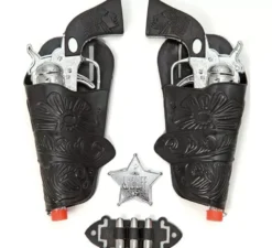 Kit sceriffo: 2 pistole argento, cinture a cartucce, proiettili e stella