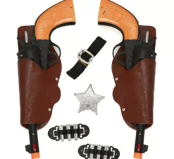 Kit sceriffo: 2 pistole nere, cinture a cartuccia, cintura, proiettili e stella