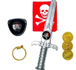 Kit Teschio Pirata: Coltello, Monete, Toppa, Orecchino e Sciarpa
