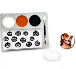 Kit trucco zucca: tavolozza, pennello, spugna e adesivi
