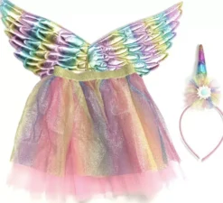 Kit unicorno multicolore per bambini: tutù, ali e fascia