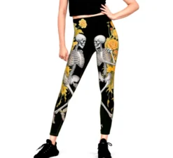 Leggings da donna con motivo floreale e scheletro