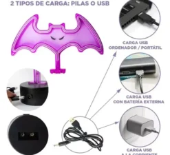 Luce al neon a forma di pipistrello con supporto 27x9x20 cm