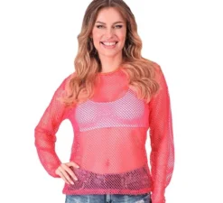 Maglietta a maniche lunghe in rete rosa neon da donna