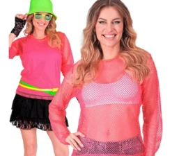 Maglietta a maniche lunghe in rete rosa neon da donna