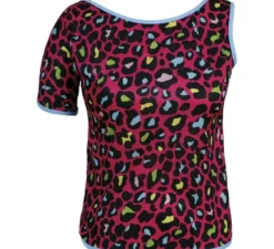 Maglietta da donna con stampa leopardata multicolore in stile anni '80