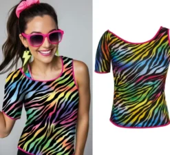 Maglietta da donna con stampa zebra multicolore in stile anni '80