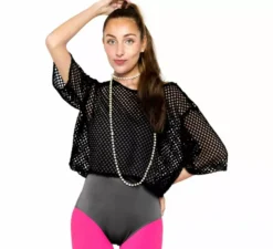 Maglietta nera in rete anni '80 da donna