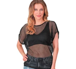 Maglietta nera in rete da donna