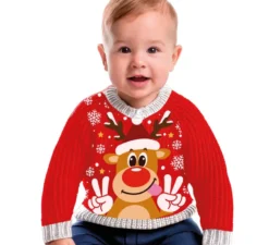 Maglione natalizio rosso con renna felice per neonato