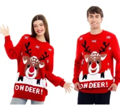 Maglione natalizio rosso Oh Deer con renna per adulti