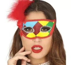Maschera arlecchino multicolore con piuma