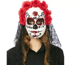 Maschera Catrina con fiori e velo da adulto 27x24 cm
