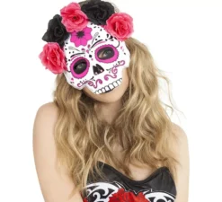Maschera Catrina con fiori rosa e neri