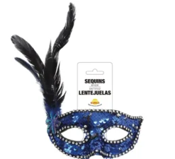 Maschera con paillettes blu con piume