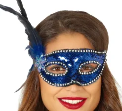Maschera con paillettes blu con piume