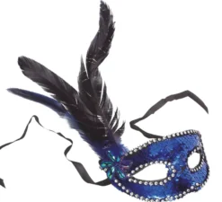 Maschera con paillettes blu con piume