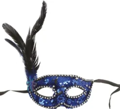 Maschera con paillettes blu con piume