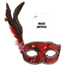 Maschera con paillettes rosso con piume