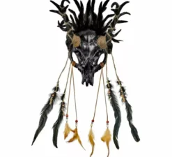 Maschera da sciamano con teschio nero e piume