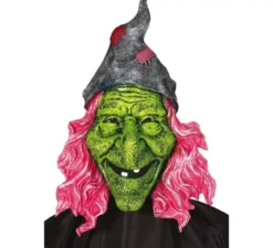 Maschera da Strega verde con capelli rosa
