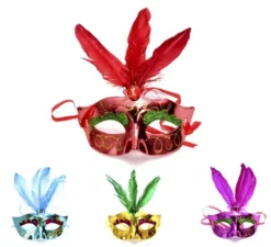 Maschera di Carnevale con 3 piume di colori assortiti