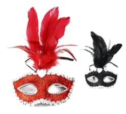 Maschera di Carnevale con piume e bordi argentati in colori assortiti