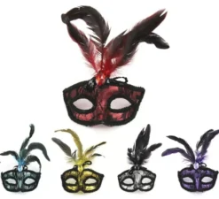 Maschera di Carnevale in pizzo nero con piume di colori assortiti