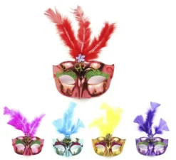 Maschera di Carnevale metallizzata con piume di colori assortiti