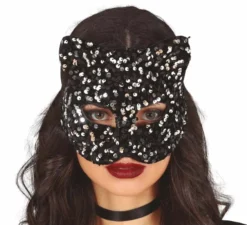 Maschera Gatto Grande con Paillettes Argento