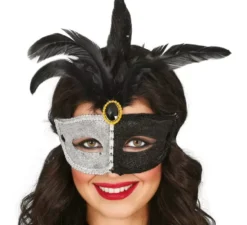 Maschera in bianco e nero con piuma adulta