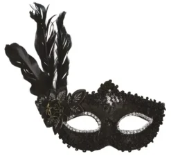 Maschera nera con fiore e piume