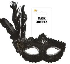 Maschera nera con fiore e piume