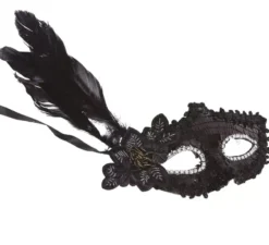 Maschera nera con fiore e piume