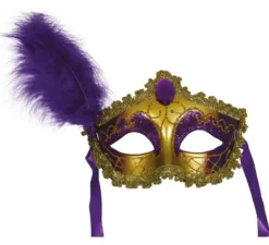 Maschera oro e lilla con piuma adulta