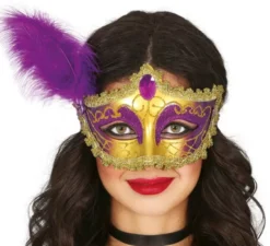 Maschera oro e lilla con piuma adulta