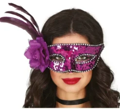 Maschera per adulti con paillettes lilla e piuma