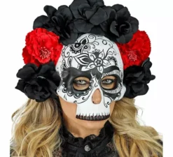 Maschera teschio del Giorno dei Morti con rose nere e rosse