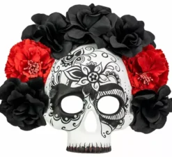 Maschera teschio del Giorno dei Morti con rose nere e rosse