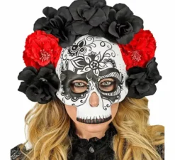 Maschera teschio del Giorno dei Morti con rose nere e rosse