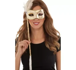 Maschera veneziana con manico e penna