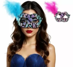 Maschera veneziana con paillettes e piume in colori assortiti