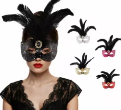 Maschera veneziana con piume e paillettes in colori assortiti