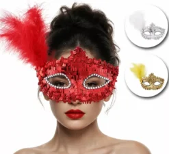 Maschera veneziana con piume in colori assortiti