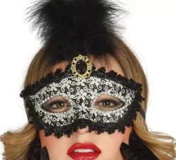 Maschera veneziana nera con piuma