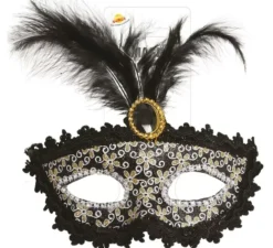 Maschera veneziana nera con piuma