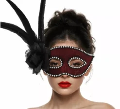 Maschera veneziana nera con piume e strass
