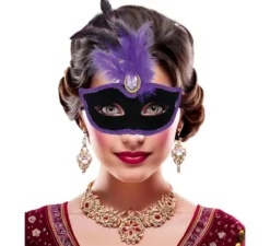 Maschera veneziana nera con piume lilla