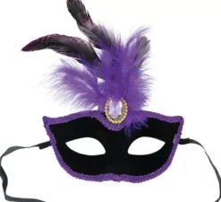 Maschera veneziana nera con piume lilla